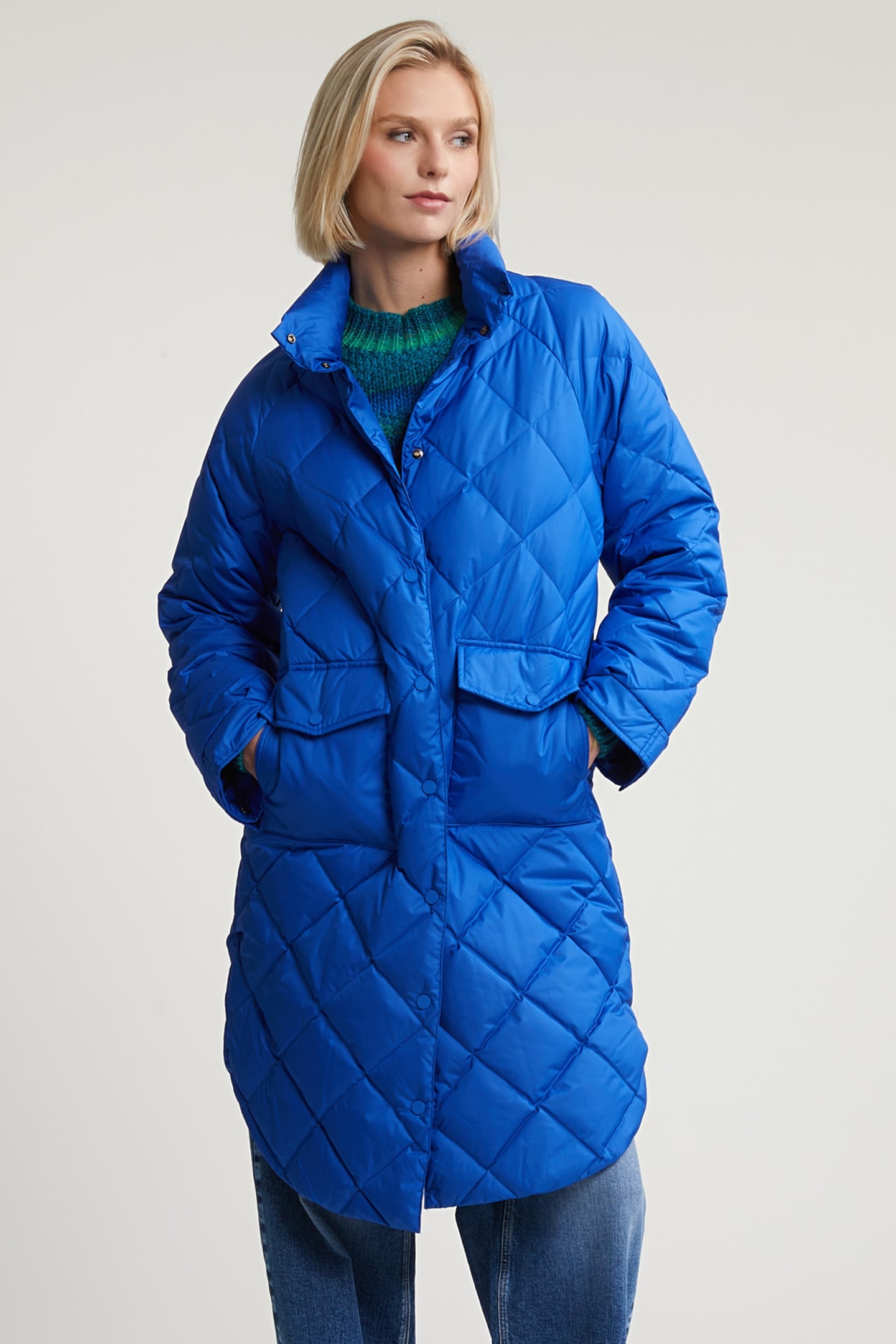 COBALT BLUE QUILTED DOWN JACKET APPLIED POCKETS 1