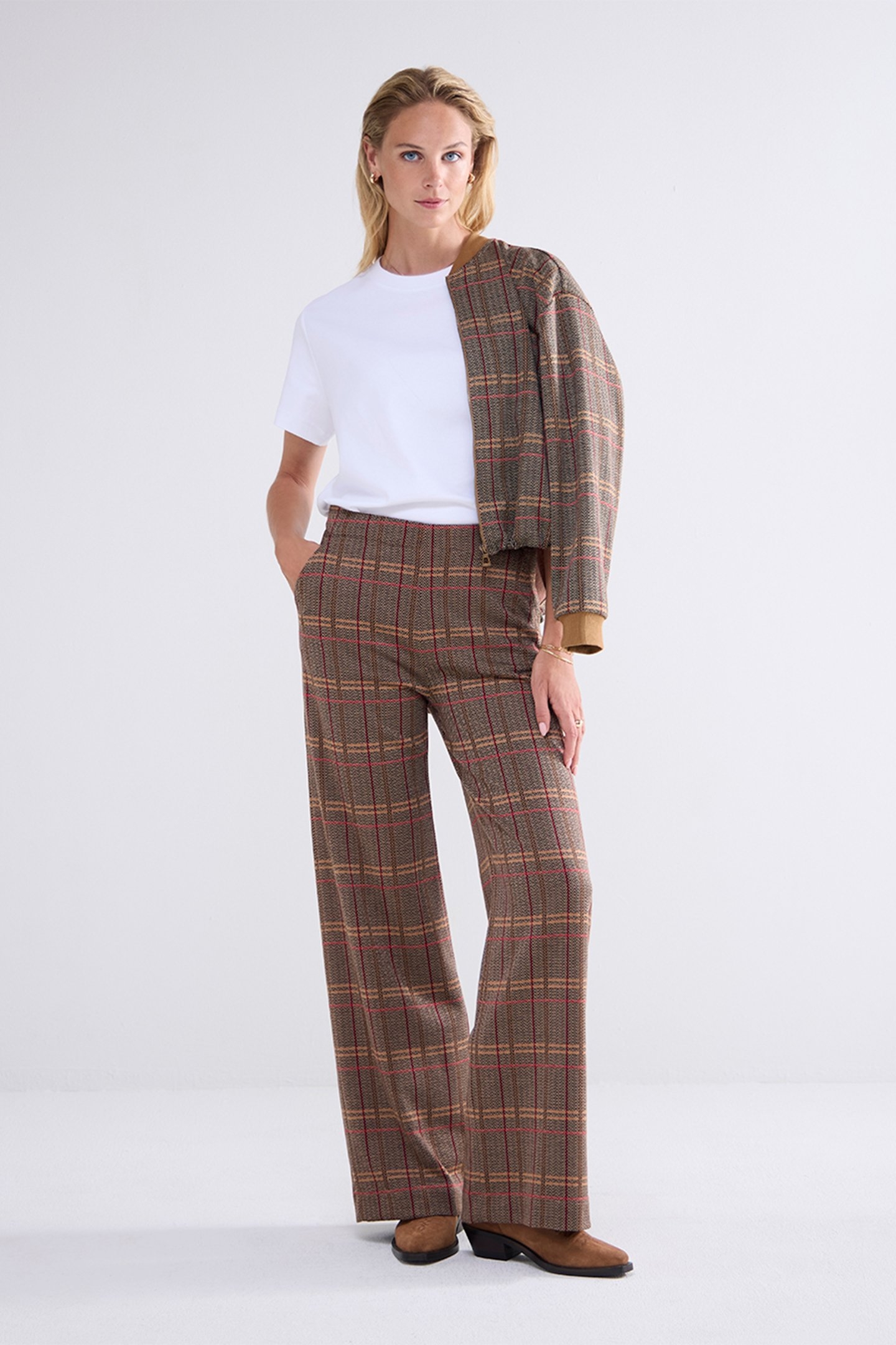 WIDE LEG PANTS CHECK JACQUARD CARAMEL COFFEE 2