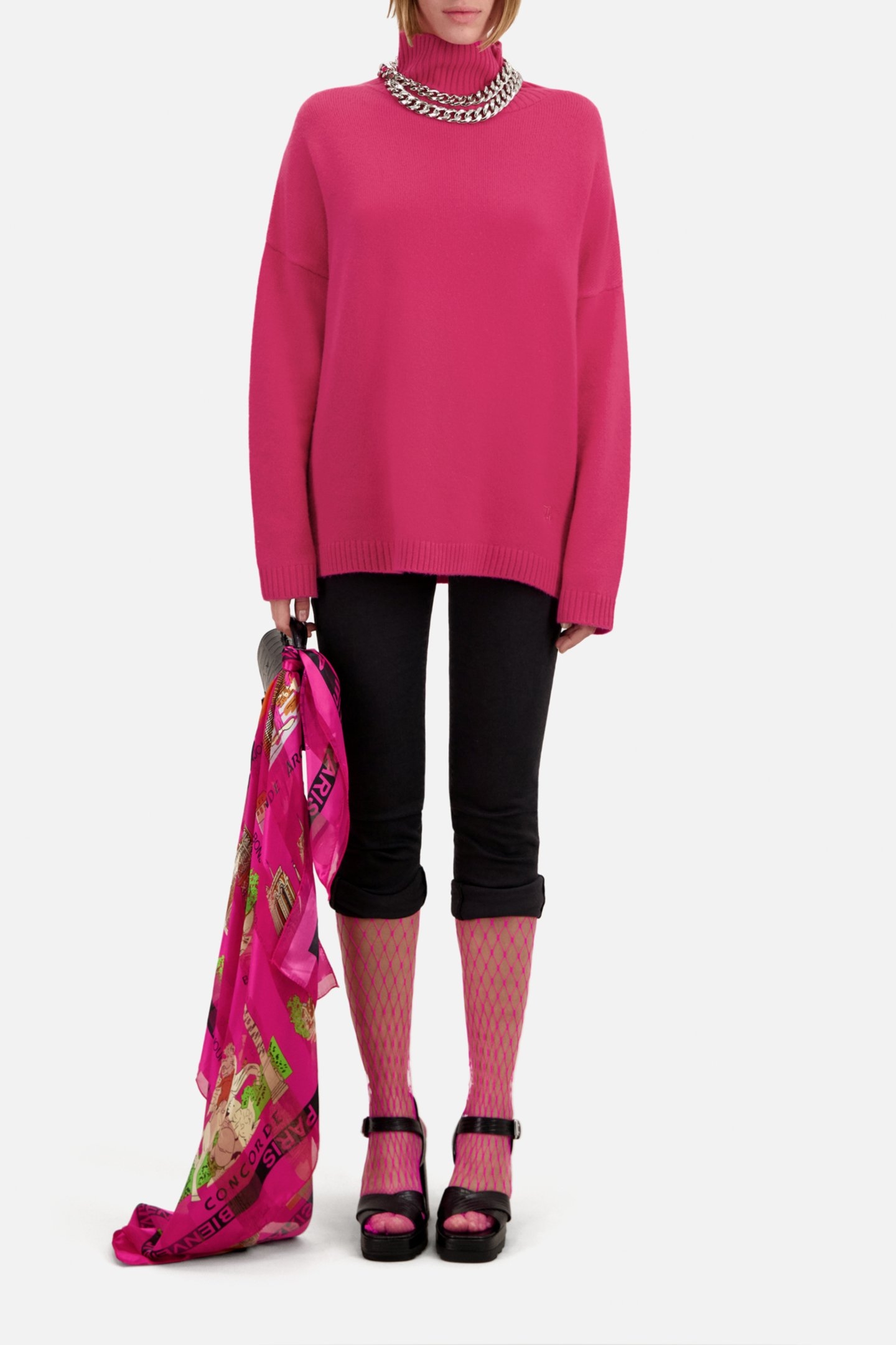 CASHMERE SWEATER WITH FUNNEL NECK AND EMBROIDERY FUSHIA 2