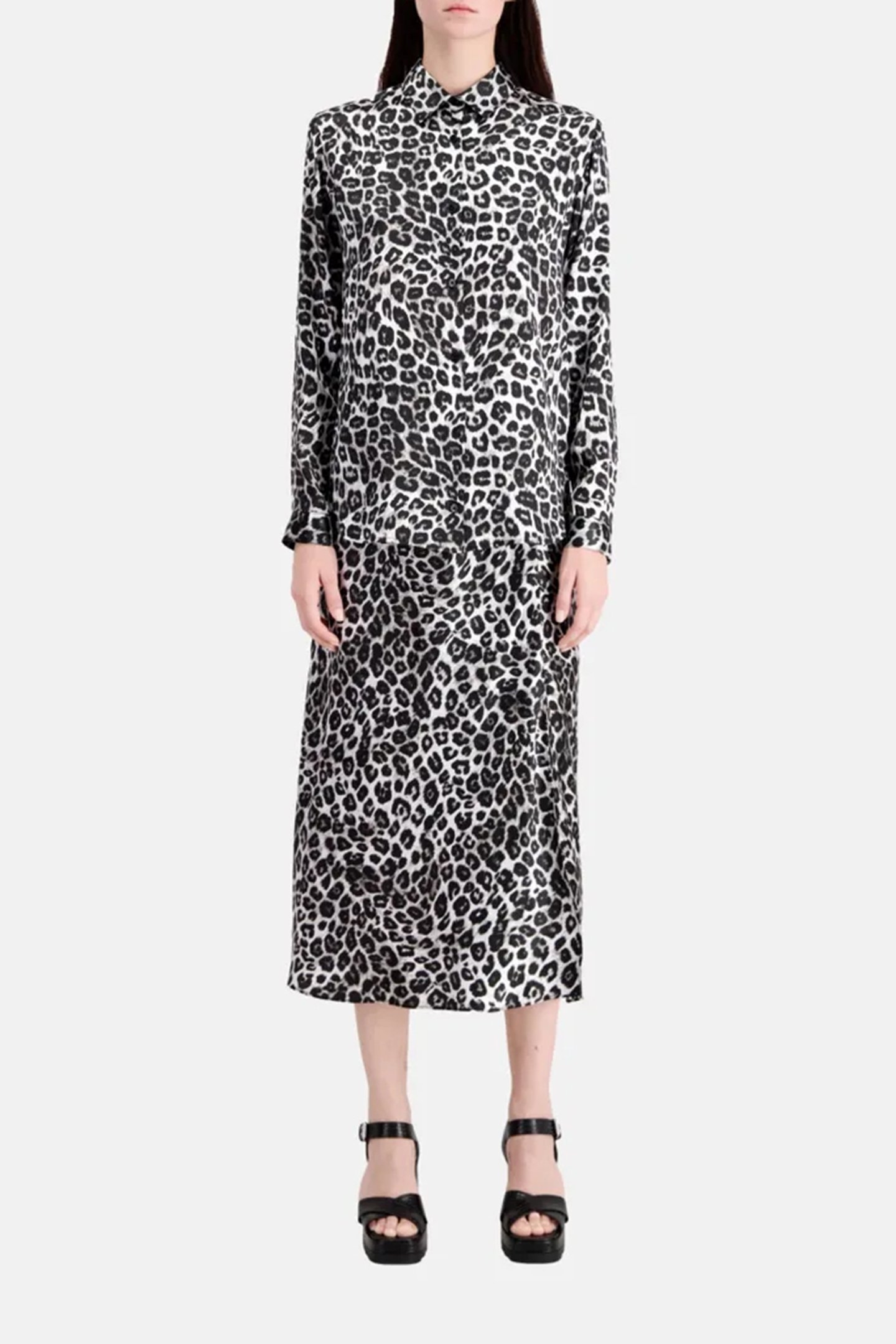 LONG SLEEVE SATIN SHIRT BLACK WHITE LEOPARD 1