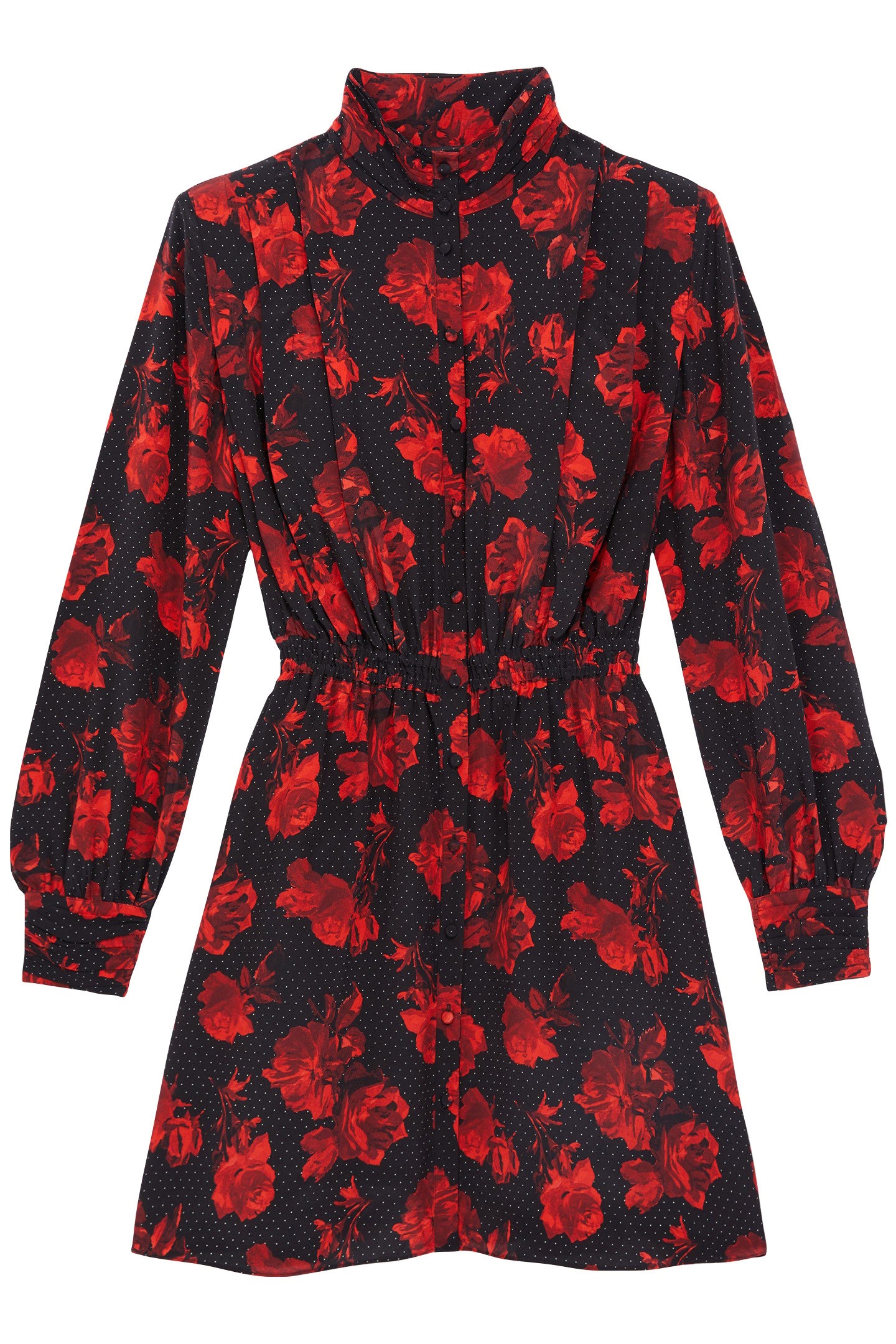 SHORT DRESS WITH BUTTONED PLEATED HIGH NECK BLACK-RED 3