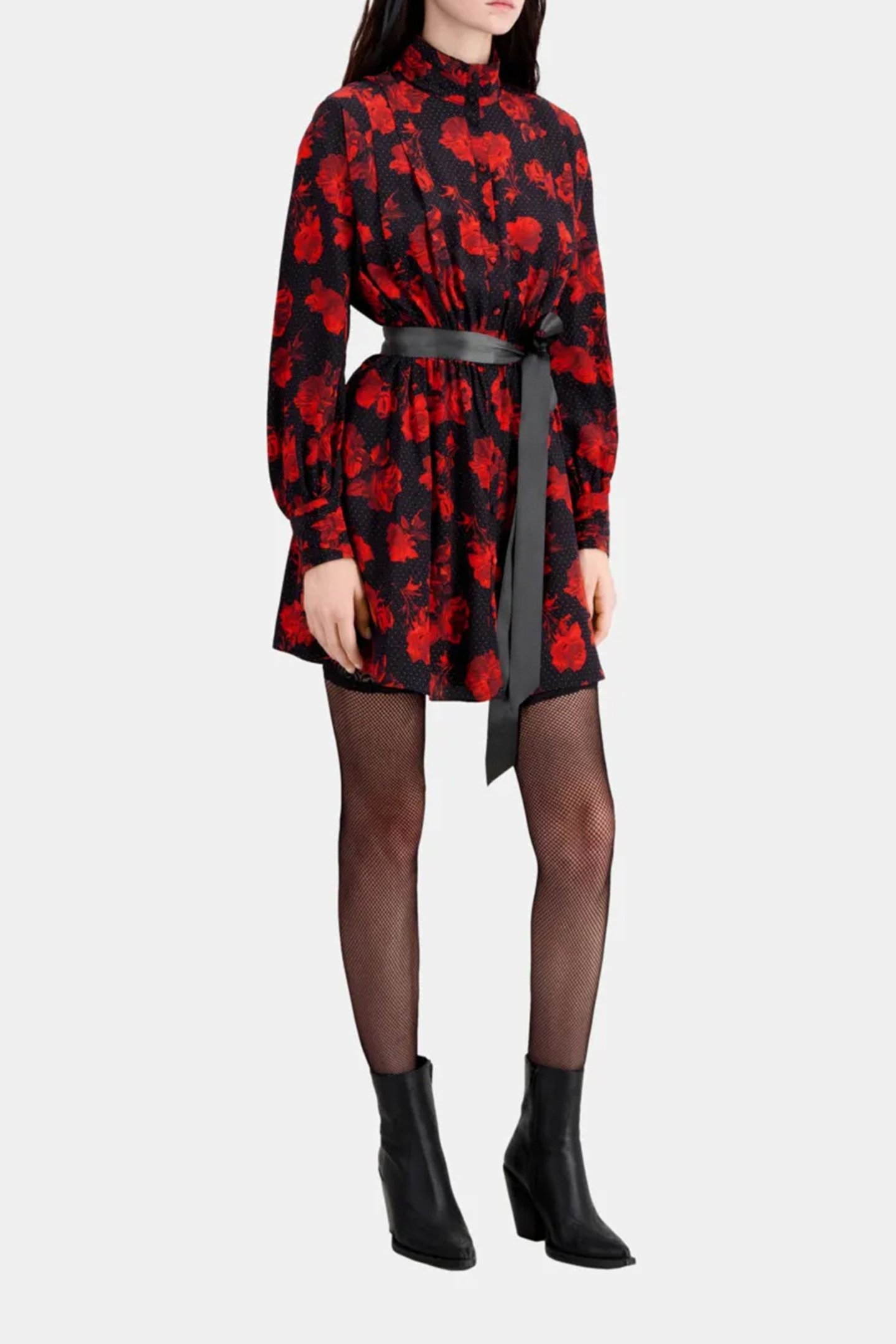 SHORT DRESS WITH BUTTONED PLEATED HIGH NECK BLACK-RED 1