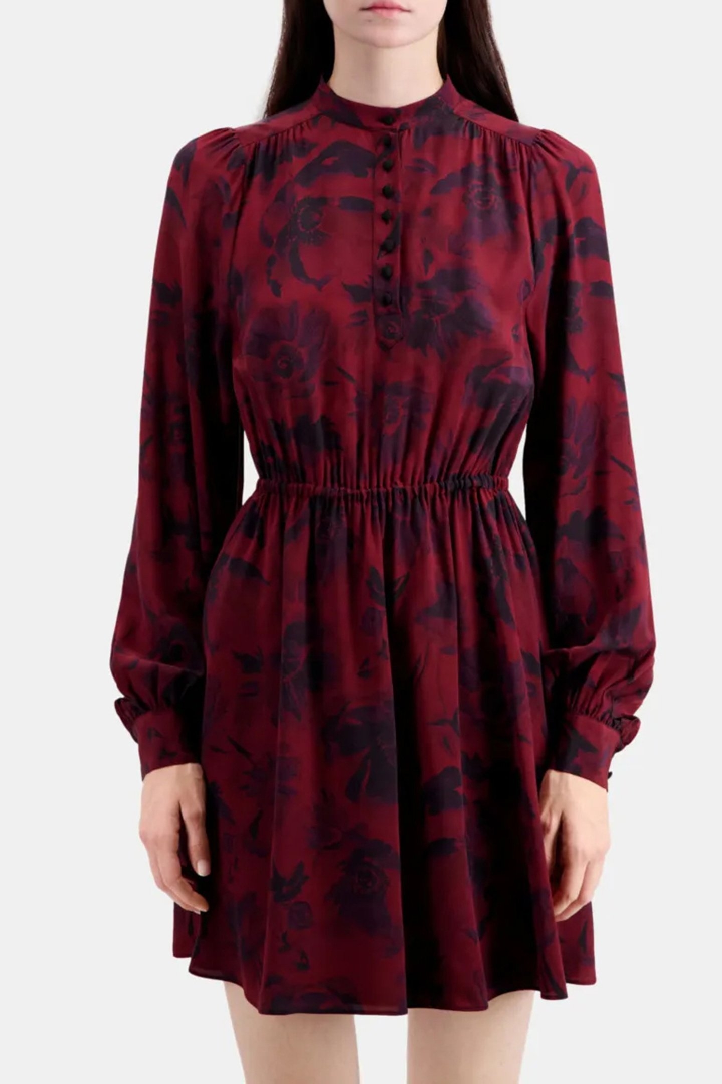 ML SHORT DRESS ELASTICATED WAIST V NECKLINE BLACK-BURGUNDY 1