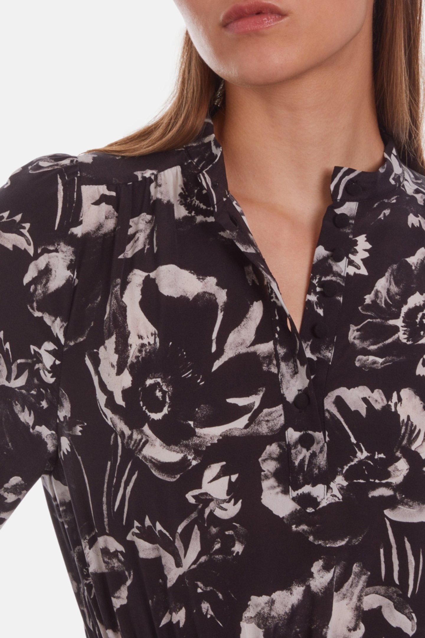 LONG DRESS ML ELASTICATED WAIST V-NECK BLACK WHITE 5