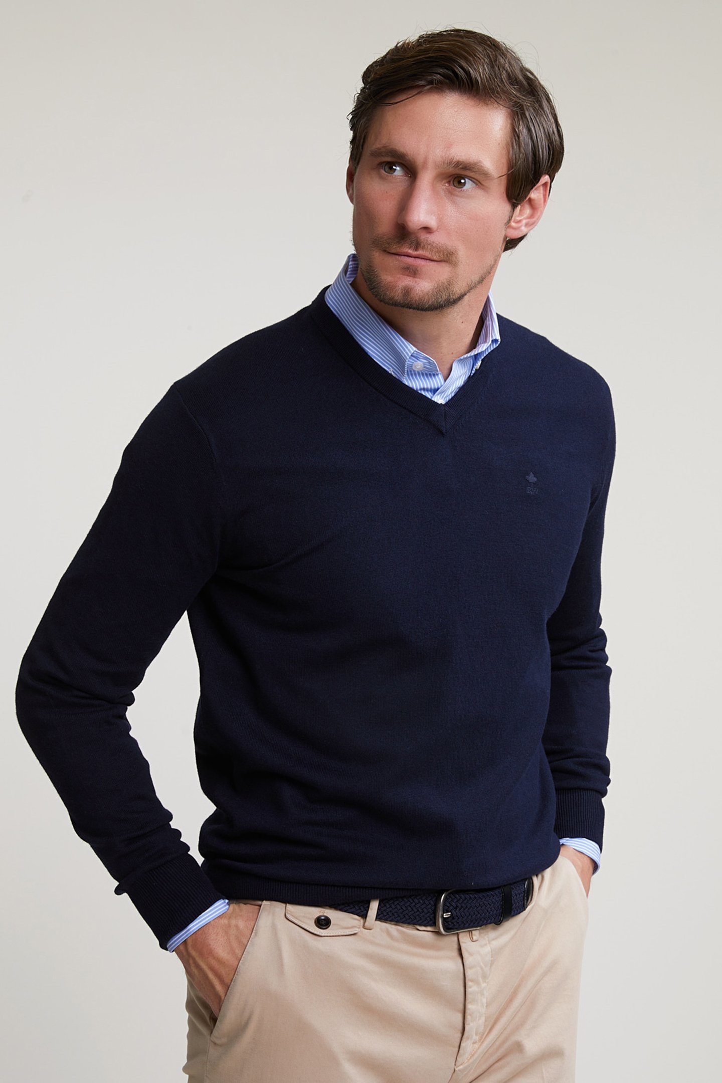 NORMAL FIT BASIC COTTON V-NECK SWEATER NAVY BLUE 1