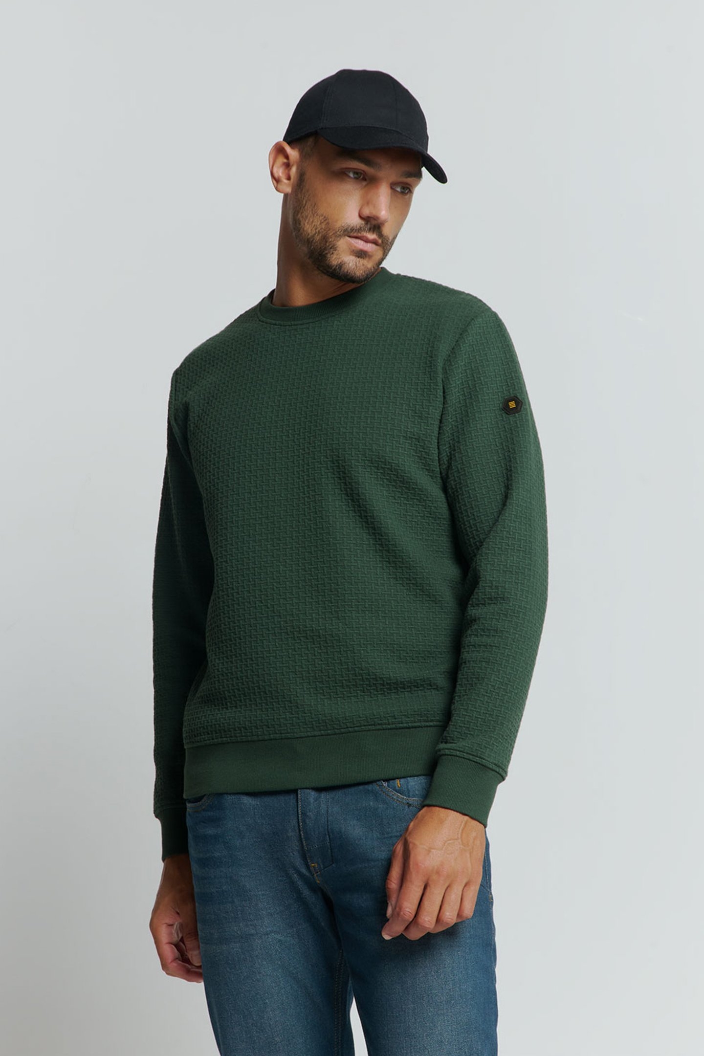 SWEATER CREWNECK DOUBLE LAYER JACQUARD STRETCH DARK GREEN 1