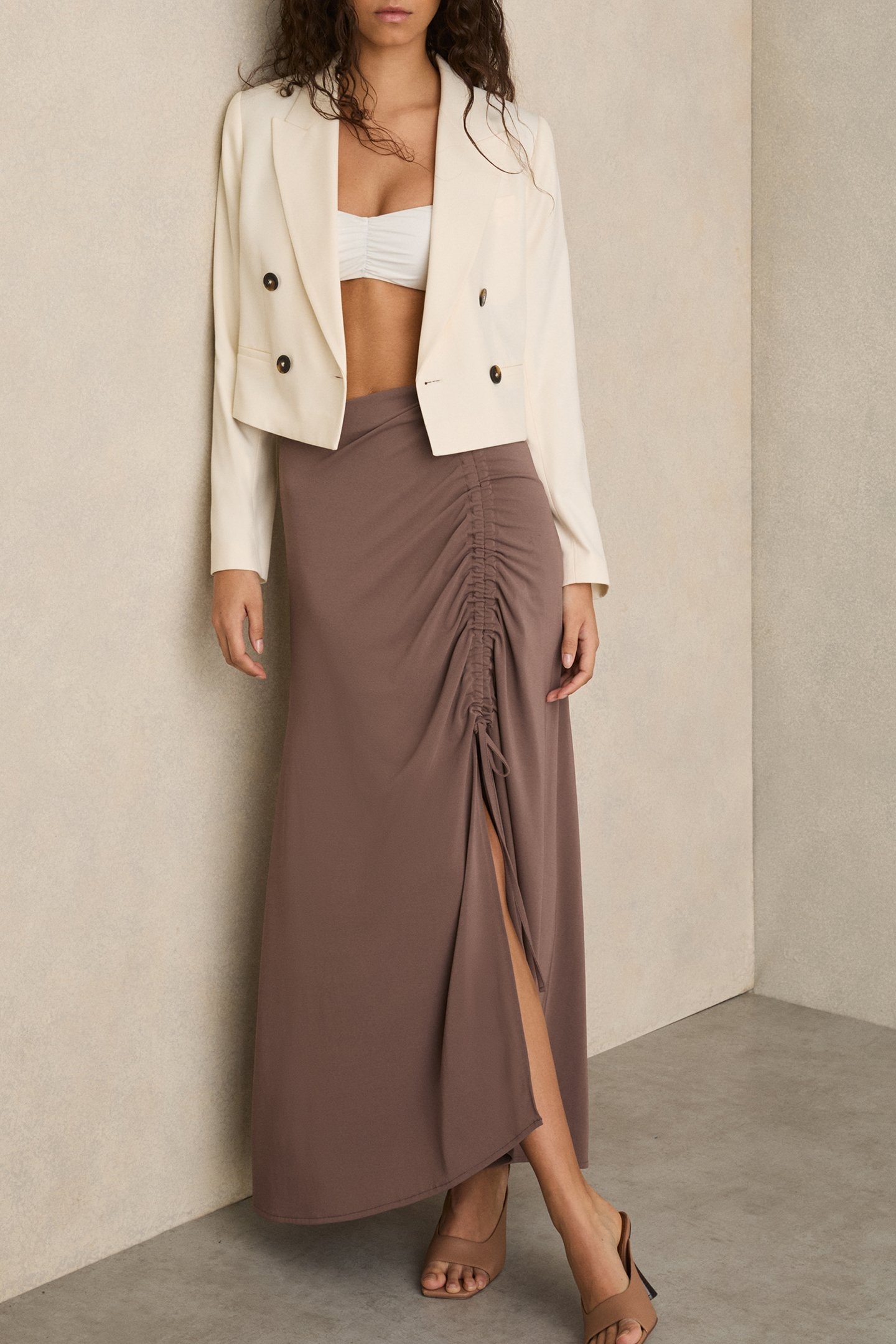 RUCHED MIDI SKIRT MINK 1