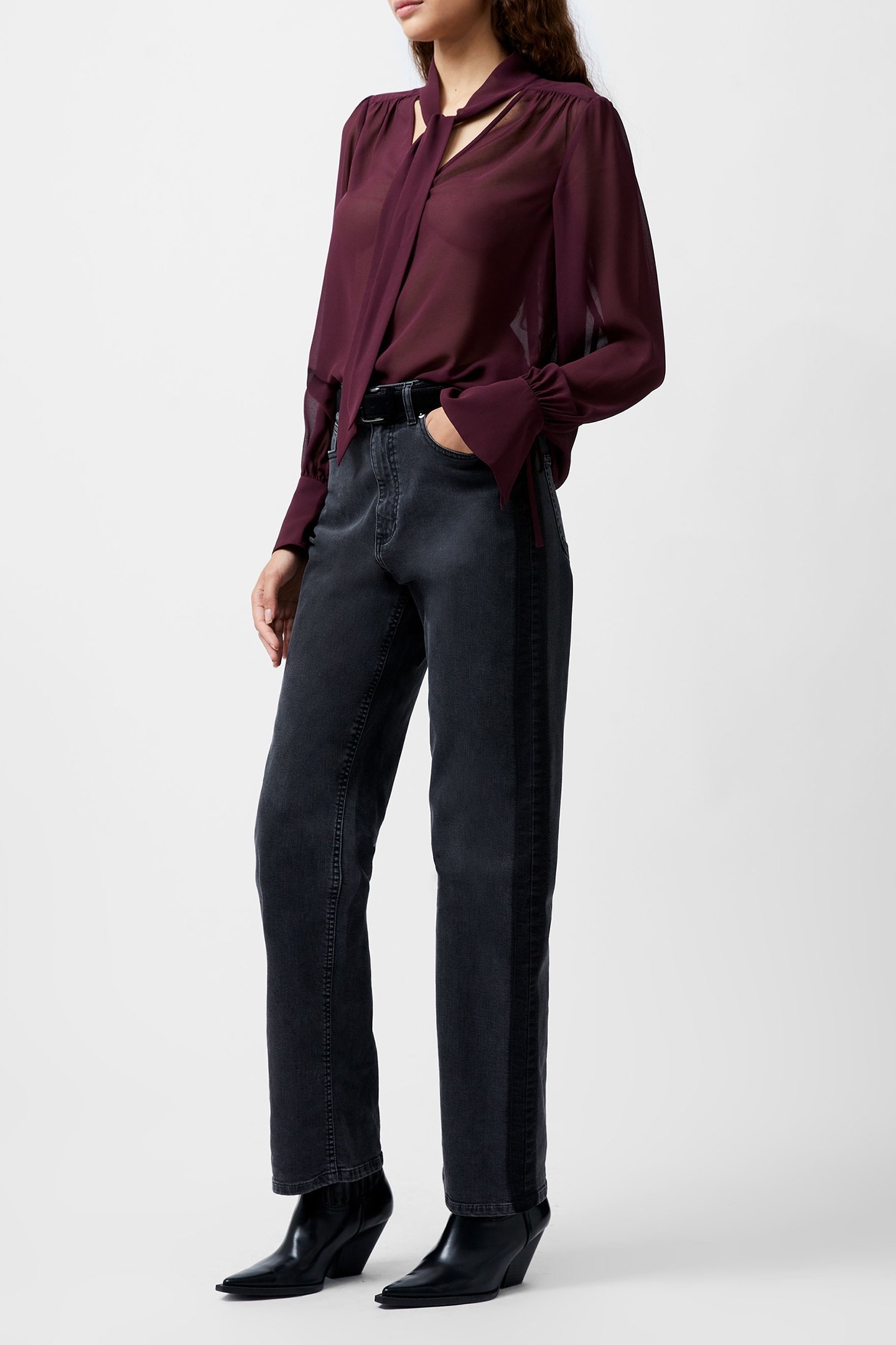 GEORGETTE L/S TIE NK BLOUSE BURGUNDY RED 4