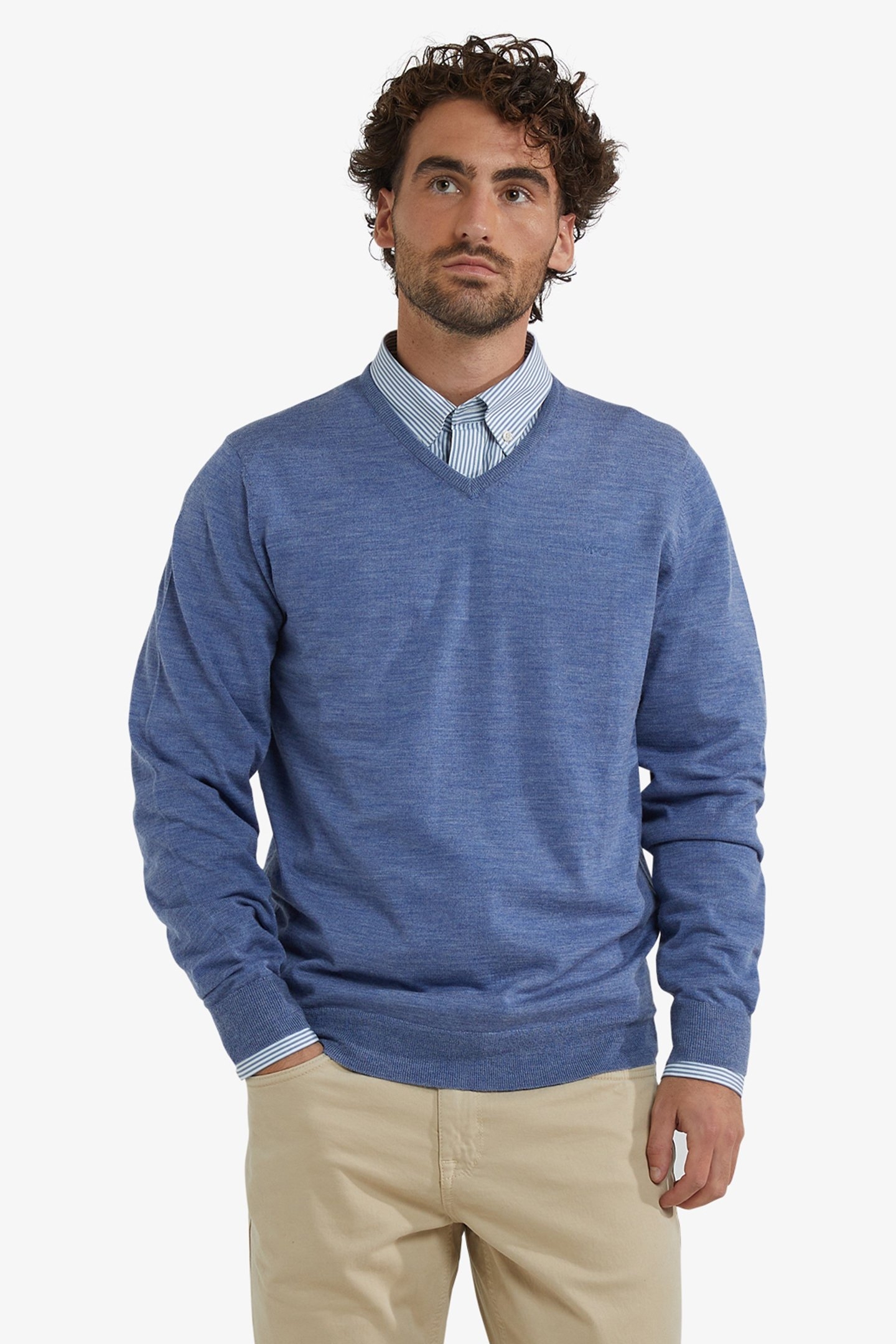 FINE MERINO V-NECK SWEATER VINTAGE BLUE 1