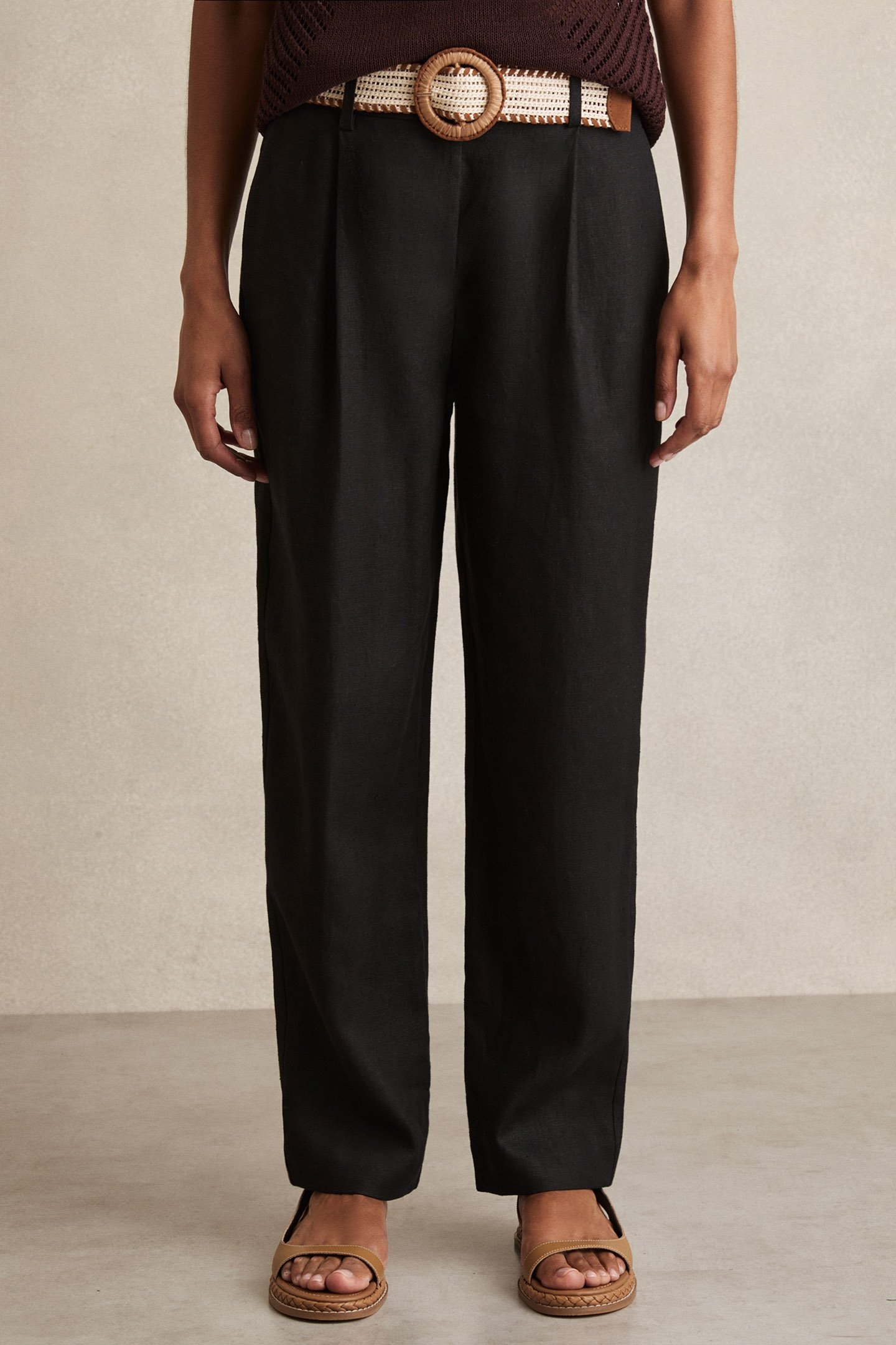 BELTED LINEN TAPER TROUSER BLACK 1