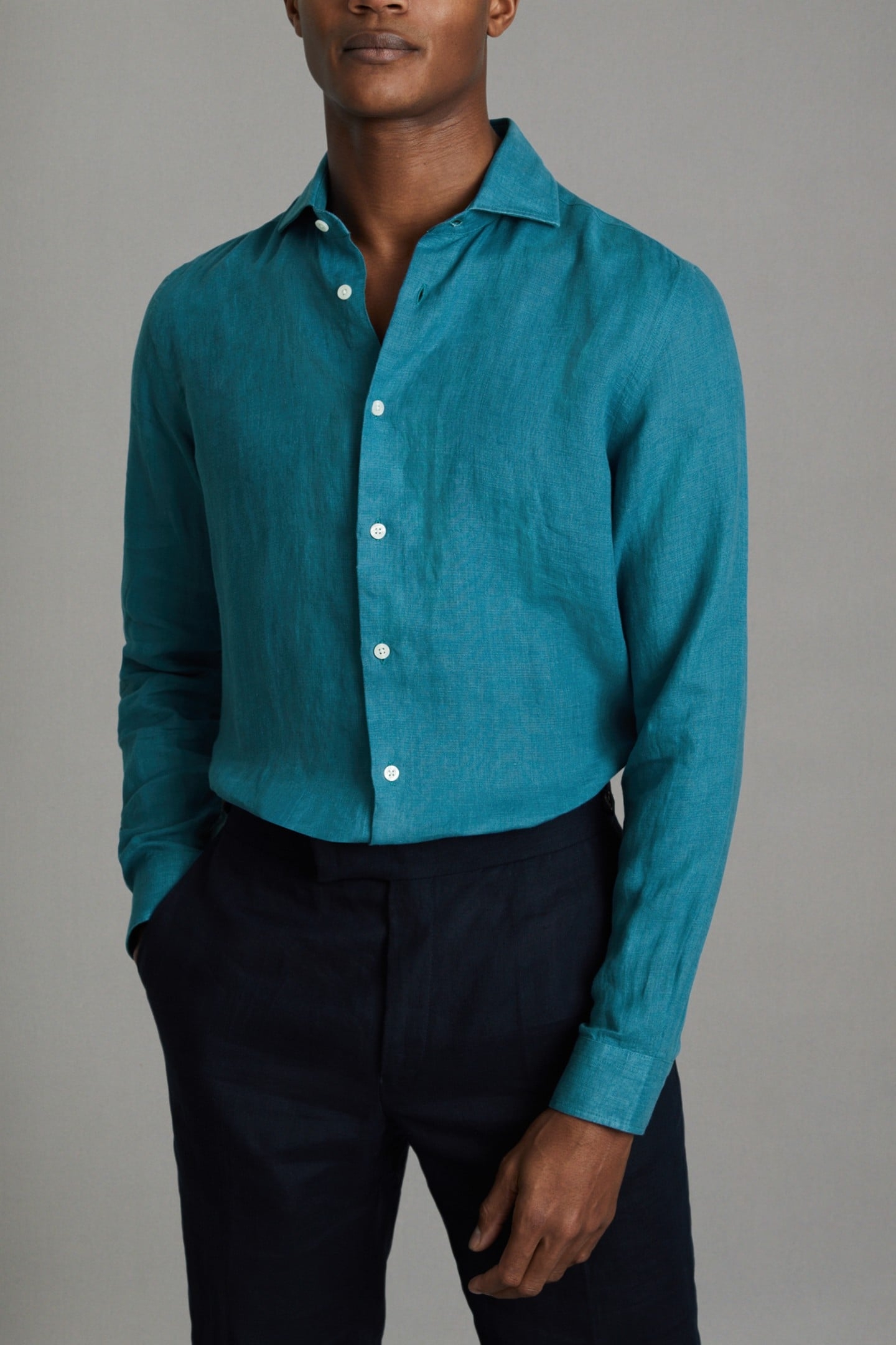 LONGSLEEVE LINEN SHIRT TEAL BLUE 1