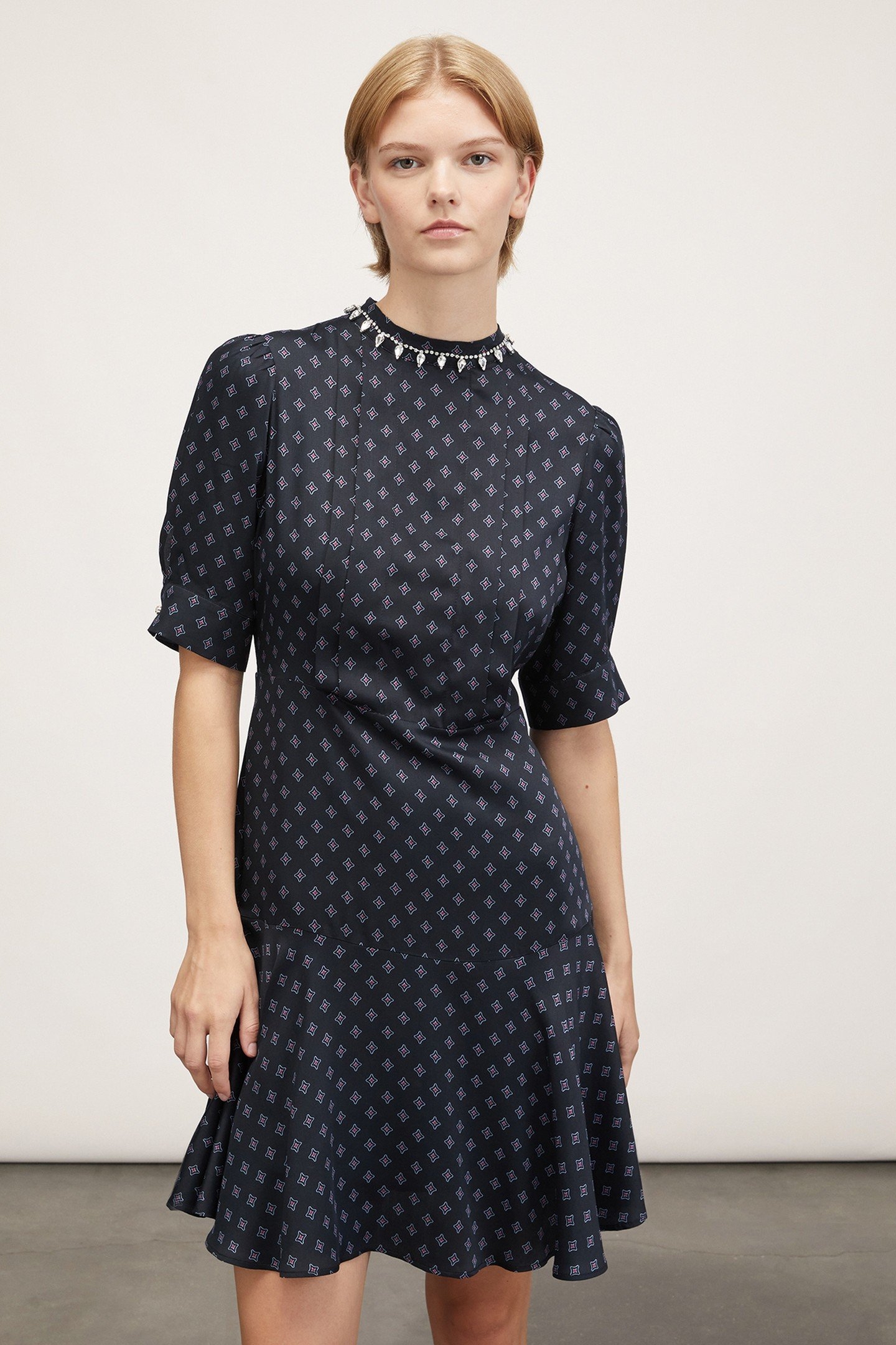 PATTERNED SATIN DRESS WITH CRYSTAL STONES BLACK 1