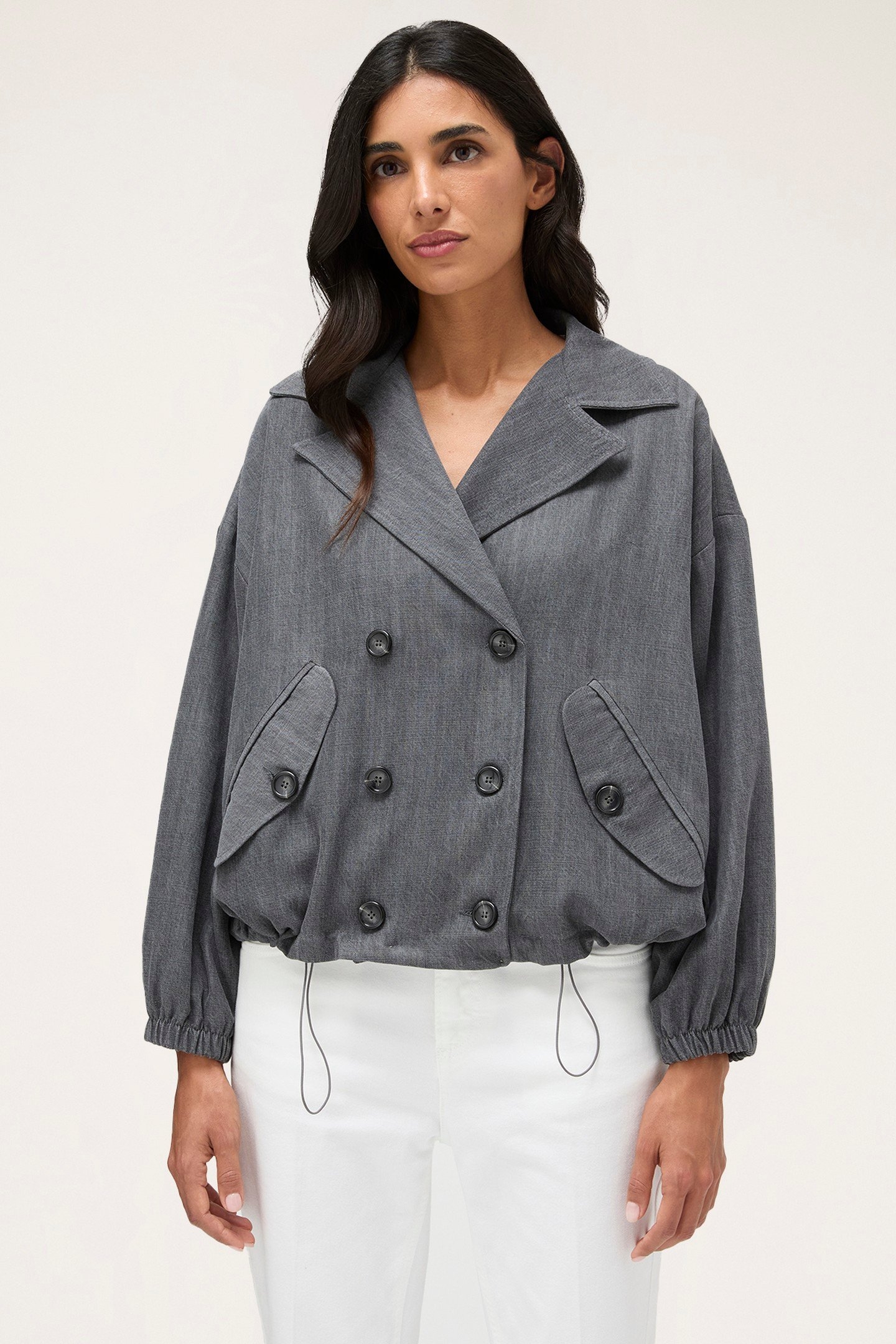 DOUBLE-BREASTED DENIM EFFECT BOMBER JACKET GREY 1