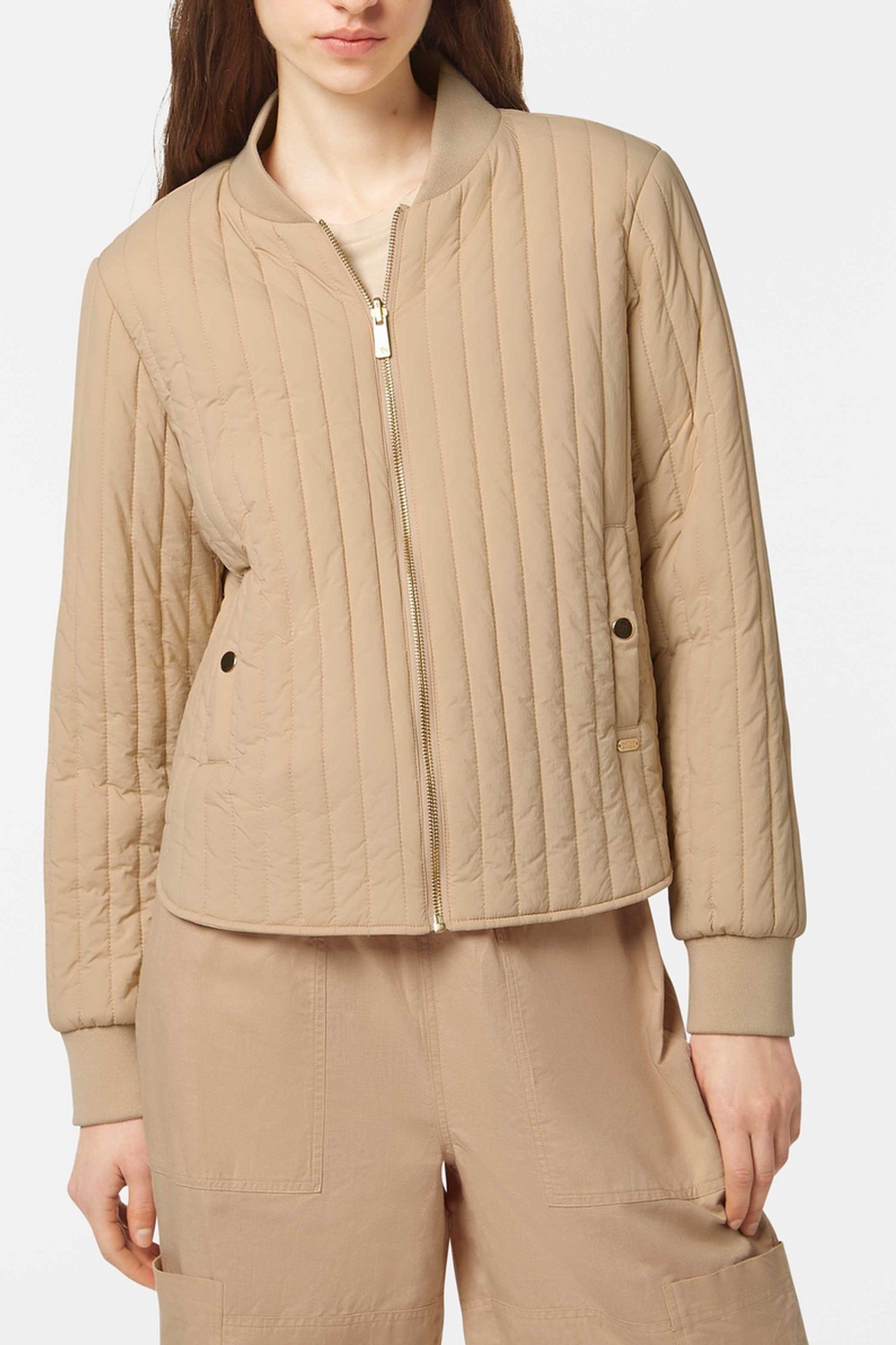 REVERSIBLE QUILTED BOMBER SOFT CAMEL/ ABSTRACT SUN SAND 2